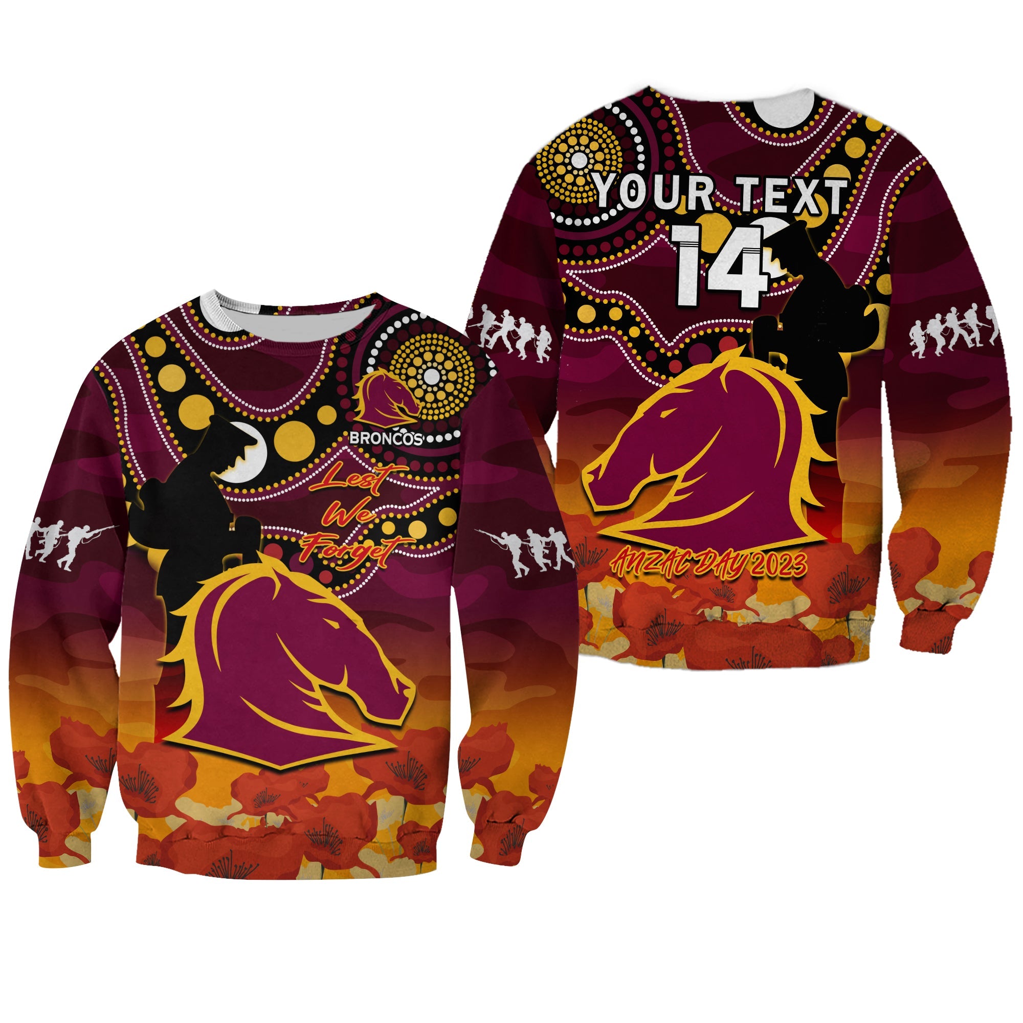 custom-text-and-number-brisbane-broncos-rugby-anzac-2023-sweatshirt-aboriginal-mix-poppy-lest-we-forget