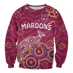 custom-text-and-number-maroons-rugby-sweatshirt-kangaroo-indigenous-pattern-unique-version