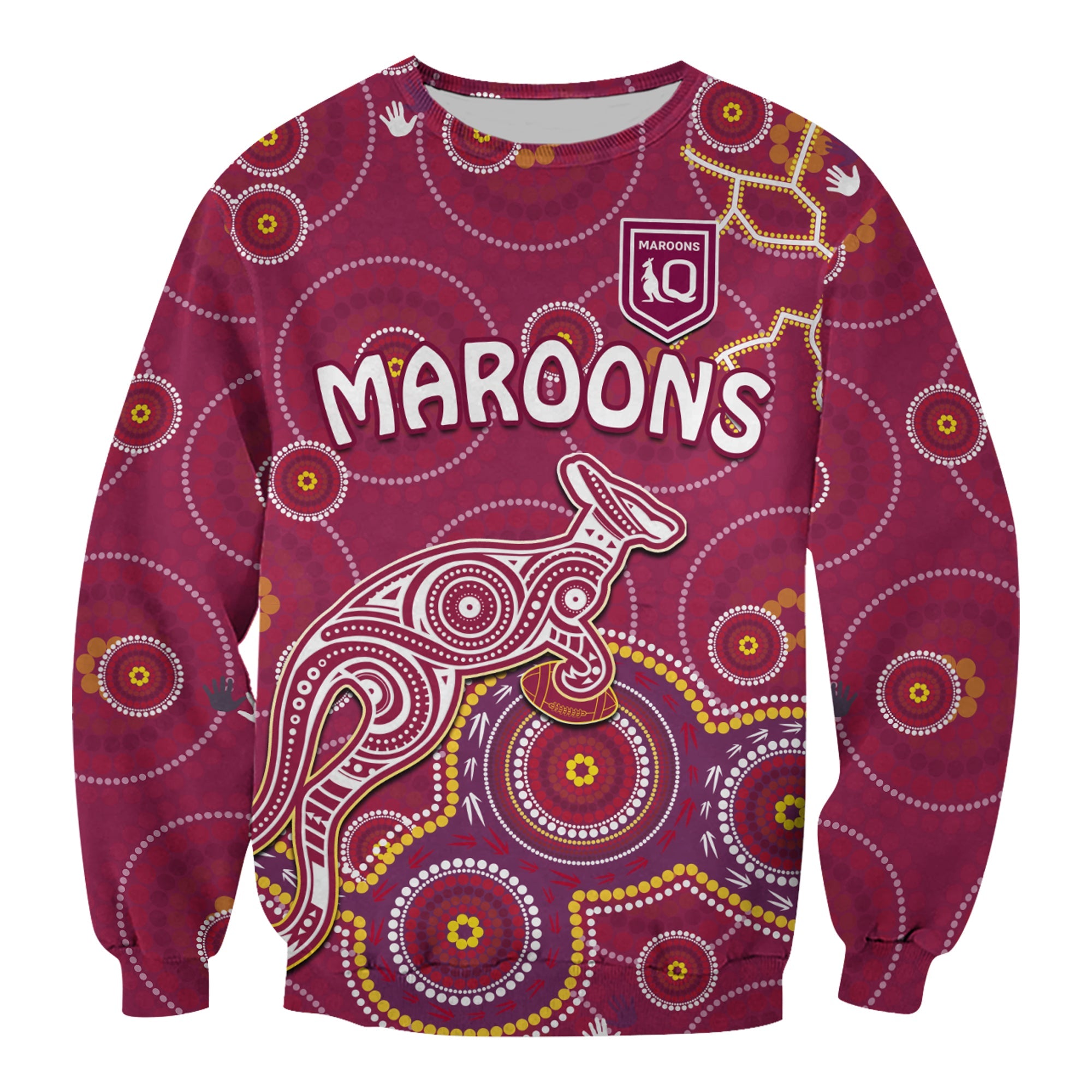 custom-text-and-number-maroons-rugby-sweatshirt-kangaroo-indigenous-pattern-unique-version