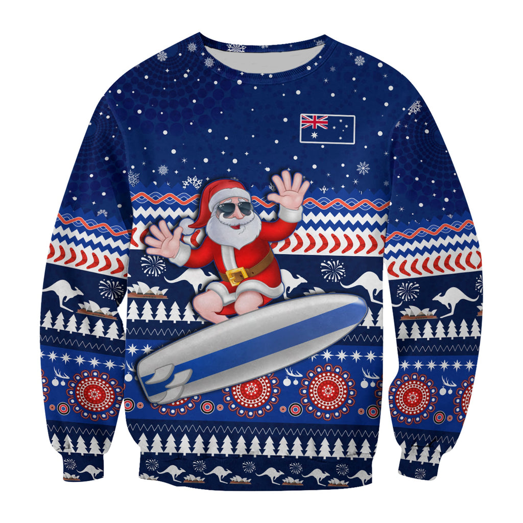 custom-text-and-number-australia-christmas-sweatshirt-aussie-aboriginal-santa-claus-is-surfing-with-kangaroo