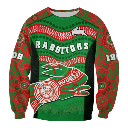 rabbitohs-rugby-sweatshirt-souths-1908-aboriginal-dot-painting-go-bunnies
