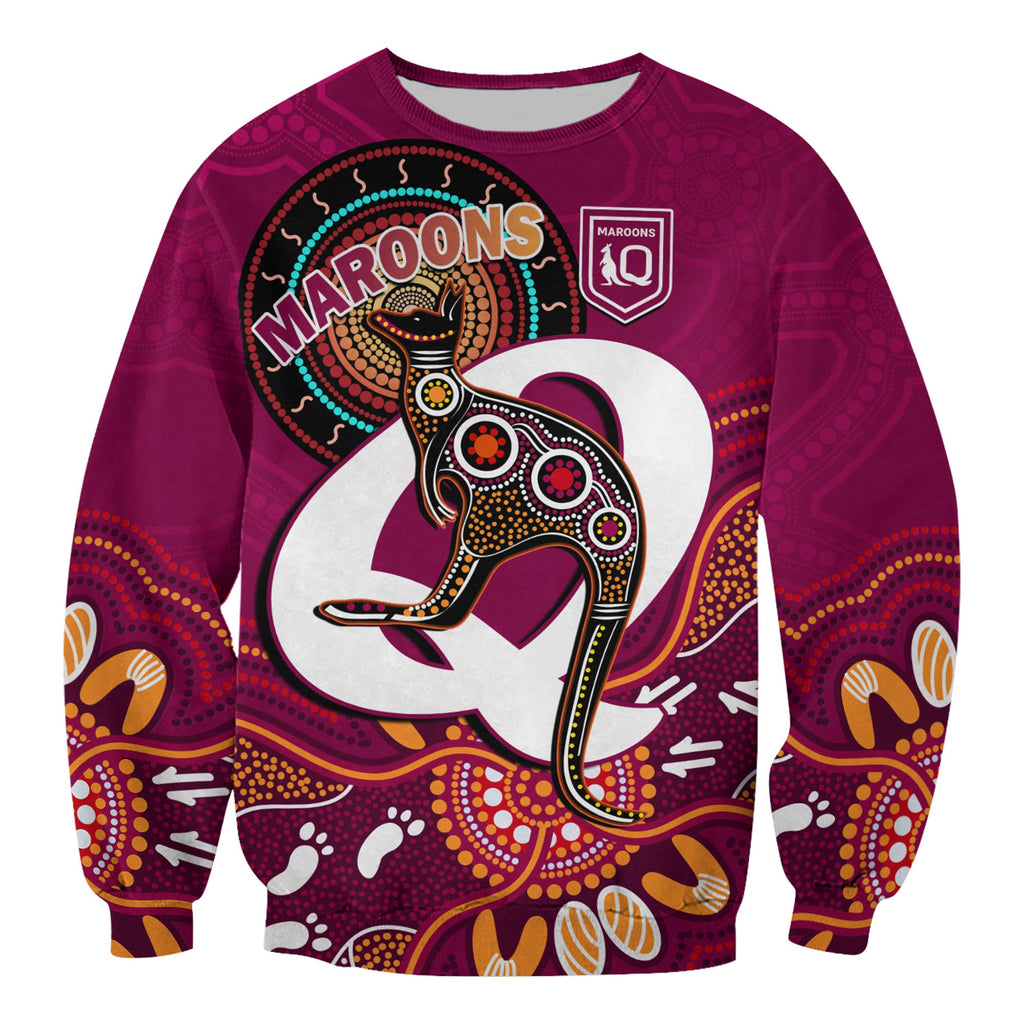 custom-text-and-number-maroons-rugby-sweatshirt-queensland-kangaroo-aboriginal-dot-paintings