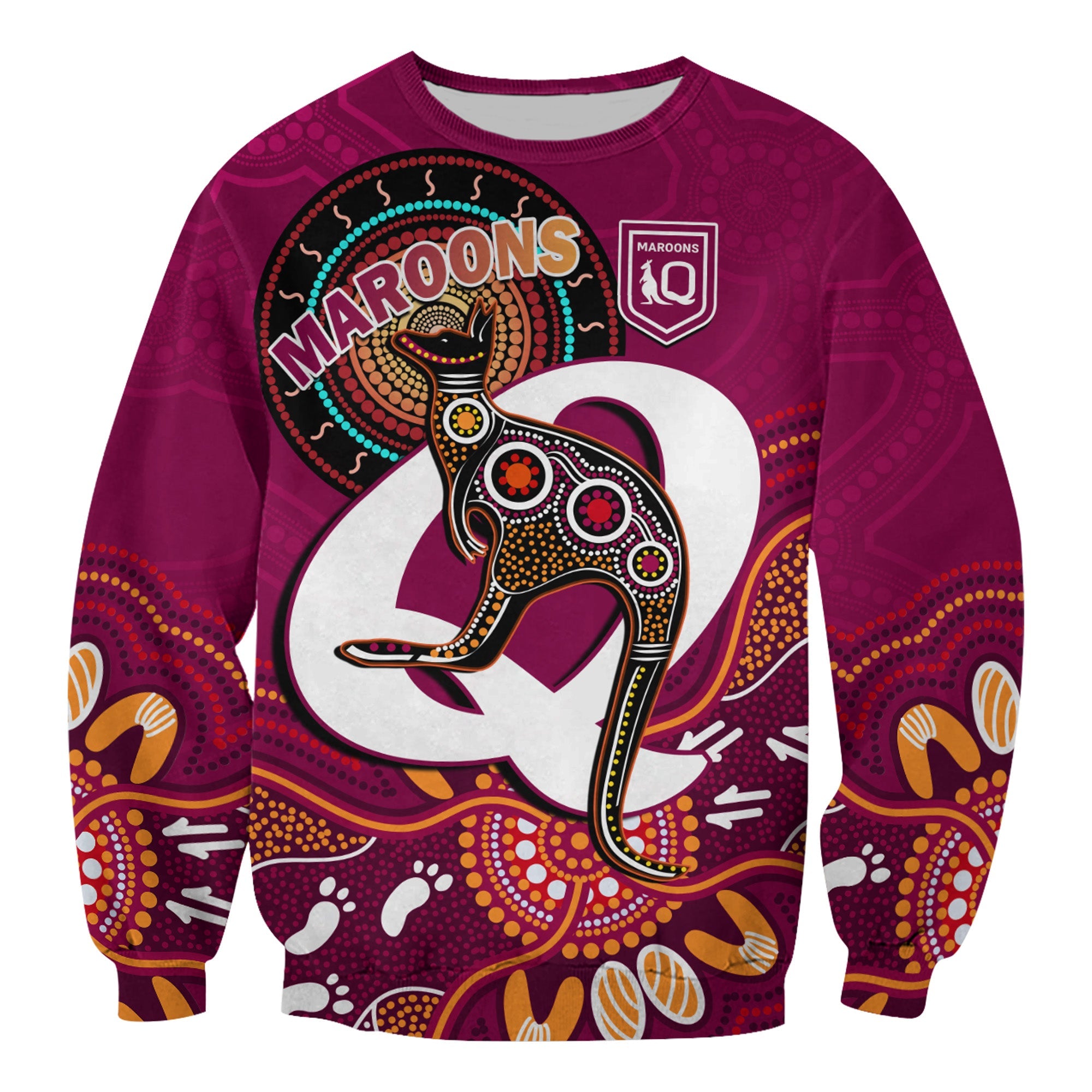 custom-text-and-number-maroons-rugby-sweatshirt-queensland-kangaroo-aboriginal-dot-paintings