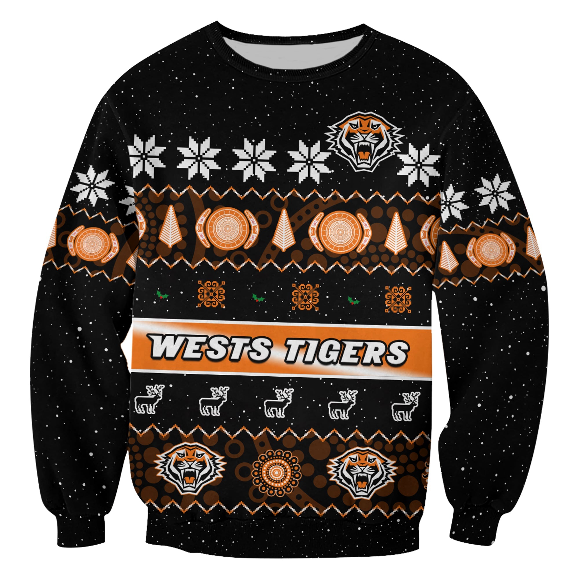 custom-personalised-wests-tigers-christmas-sweatshirt-aboriginal-art-merry-xmas
