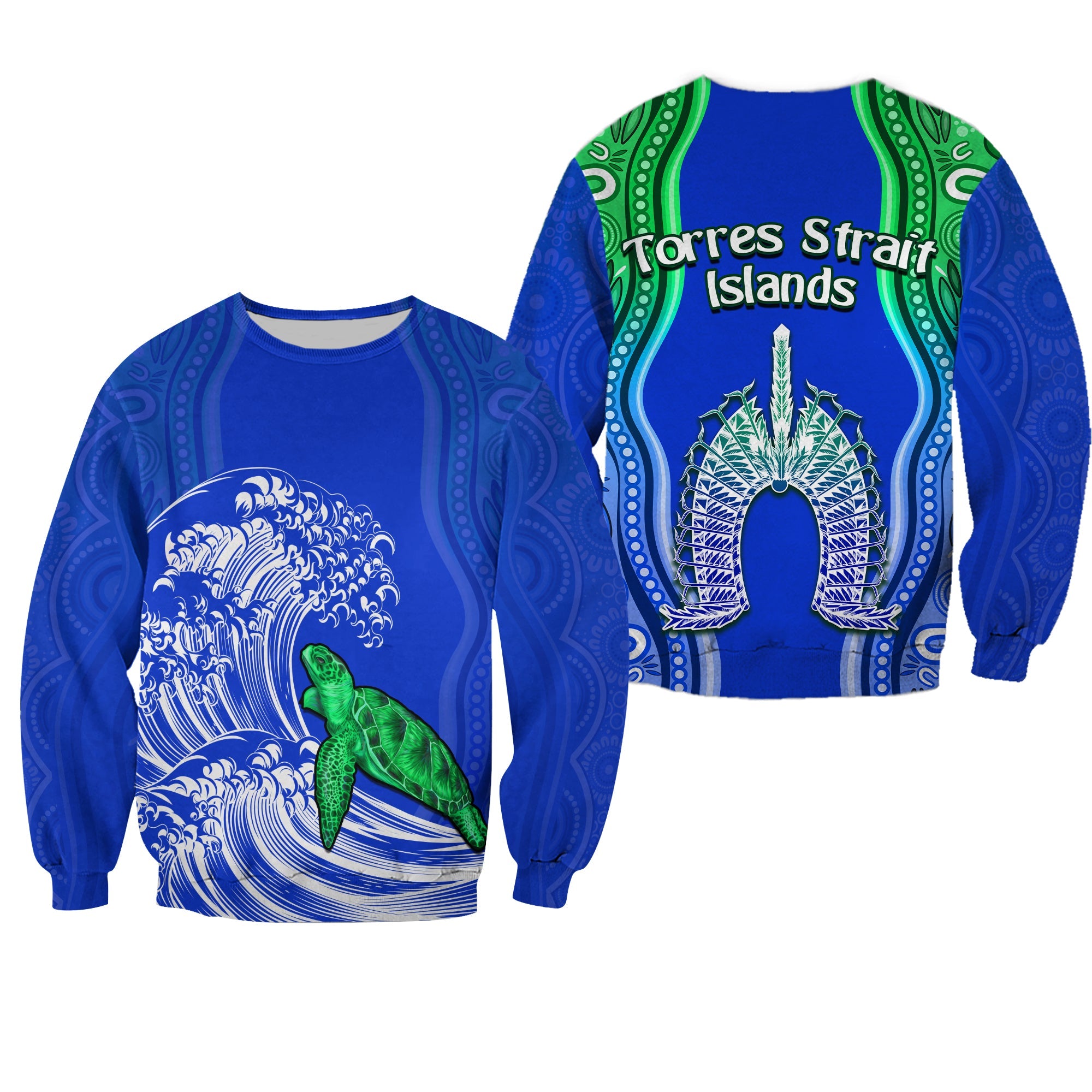 torres-strait-islands-sweatshirt-the-dhari-mix-aboriginal-turtle-version-blue