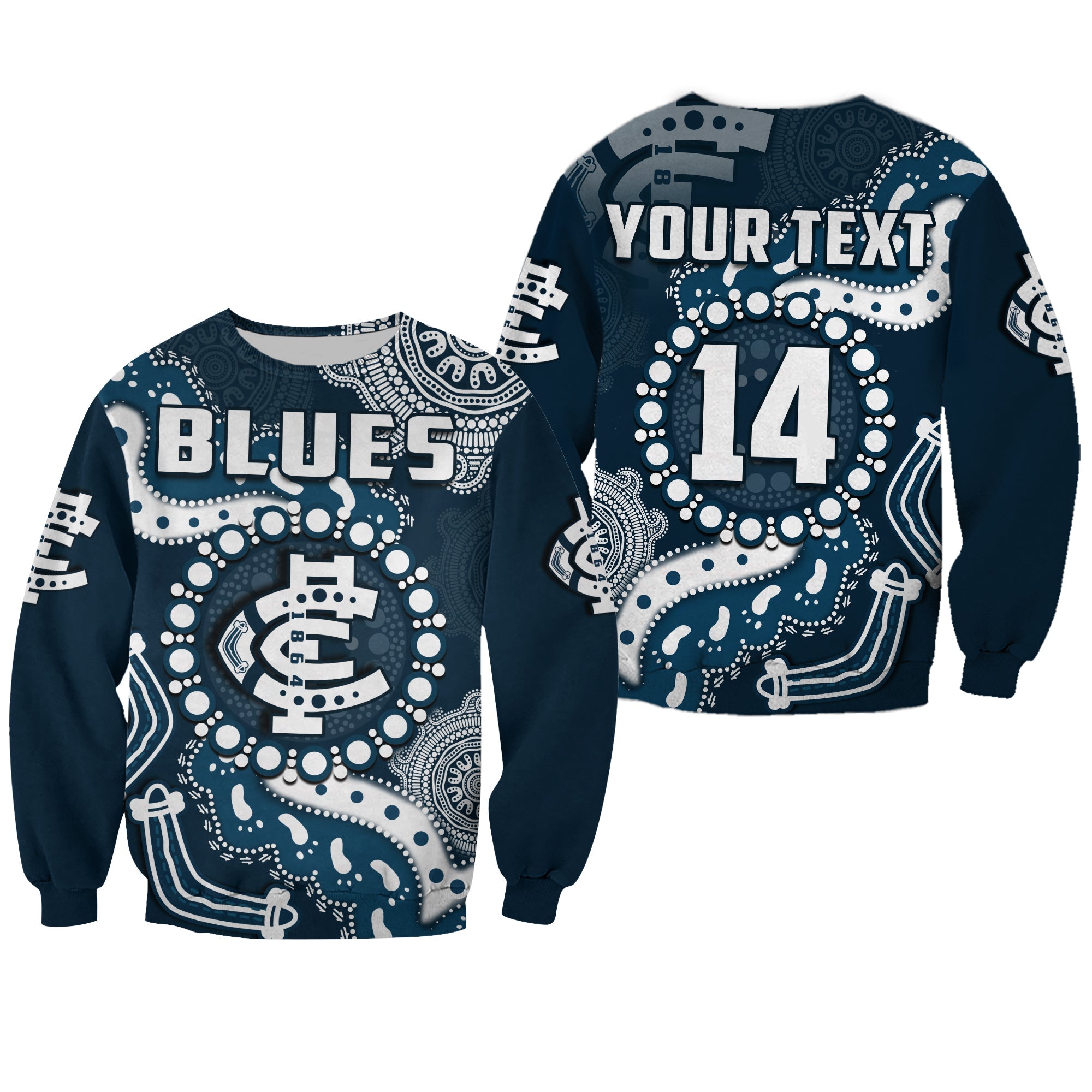custom-text-and-number-carlton-football-sweatshirt-blues-1864-boomerang-indigenous-artsy
