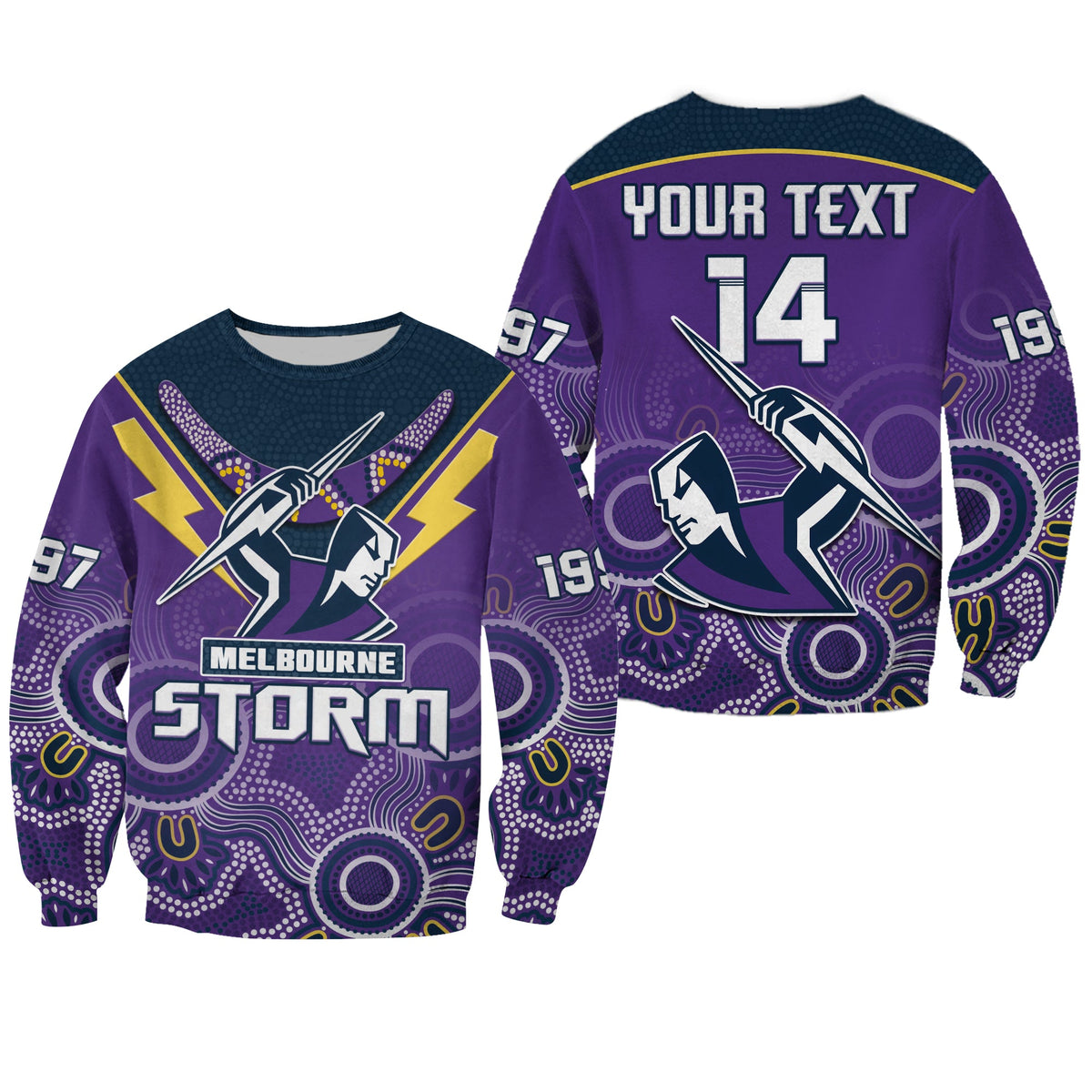 custom-text-and-number-melbourne-storm-rugby-sweatshirt-indigenous-boomerang-gradient-style