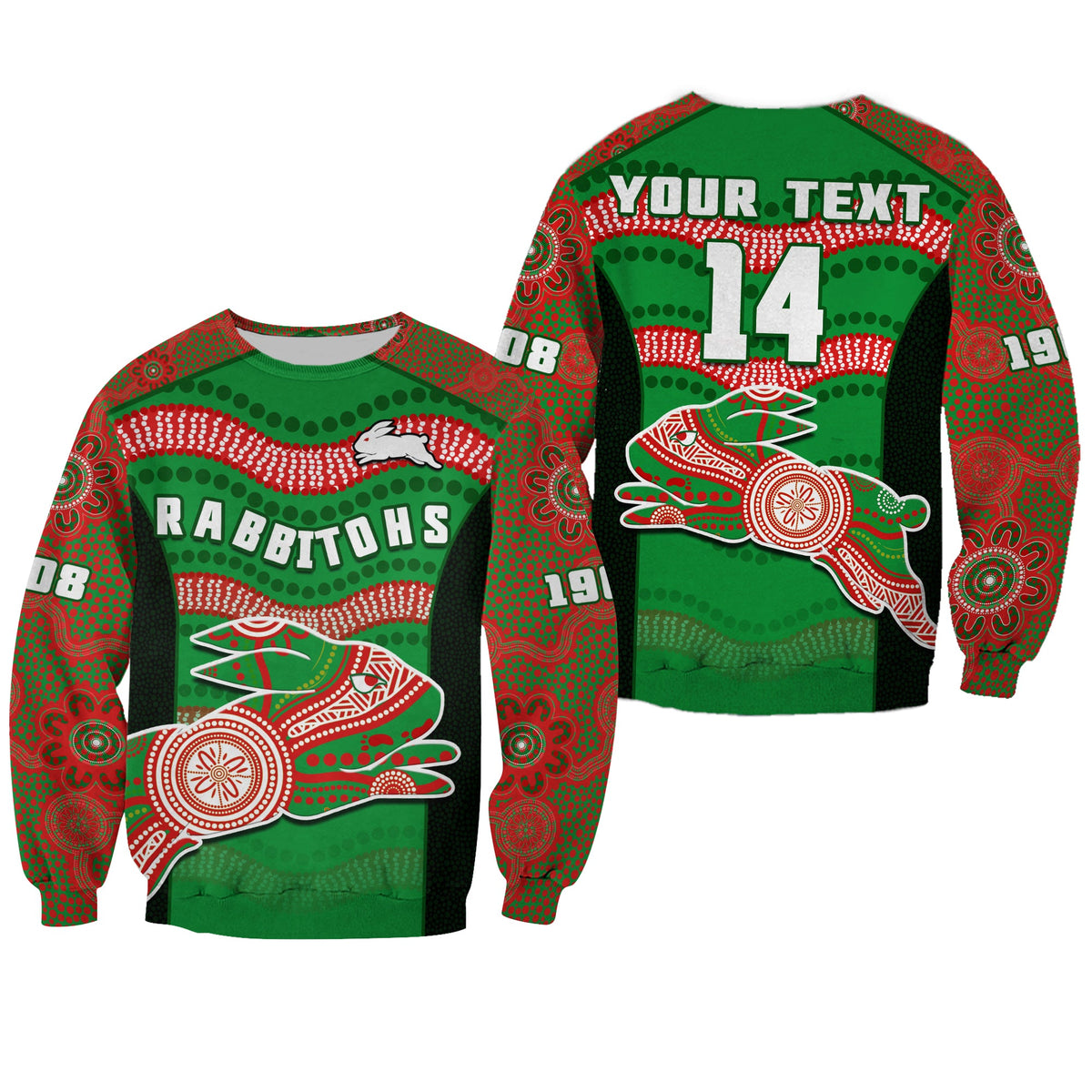 custom-text-and-number-rabbitohs-rugby-sweatshirt-souths-1908-aboriginal-dot-painting-go-bunnies
