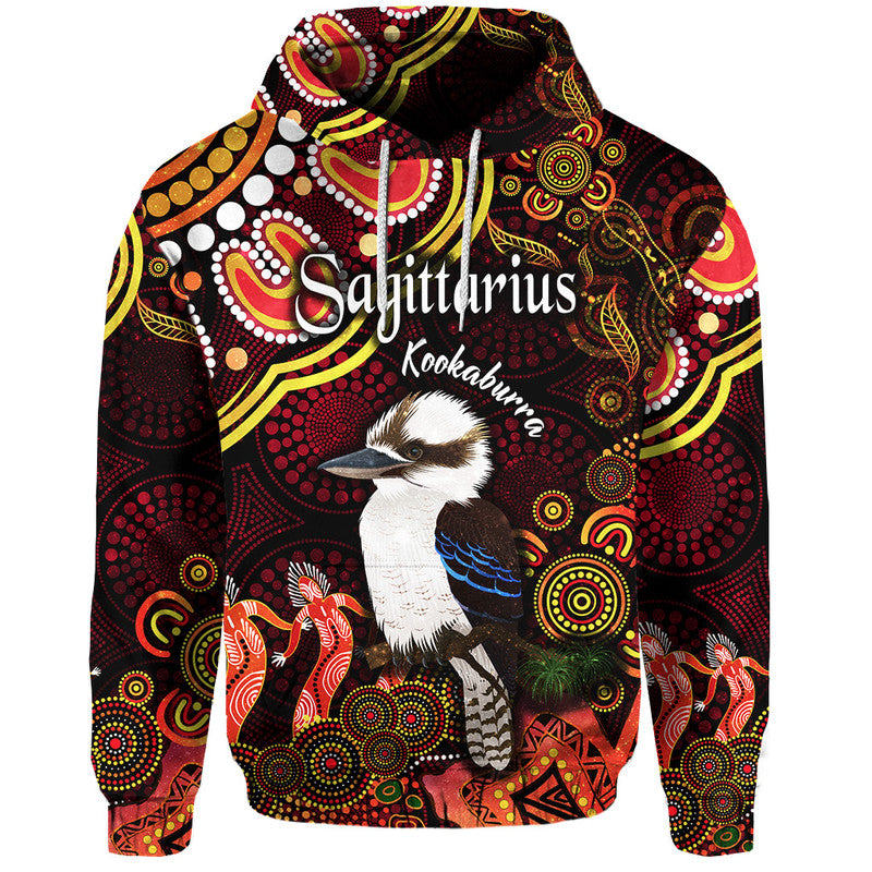 australian-astrology-zip-up-and-pullover-hoodie-sagittarius-kookaburra-zodiac-aboriginal-vibes-red