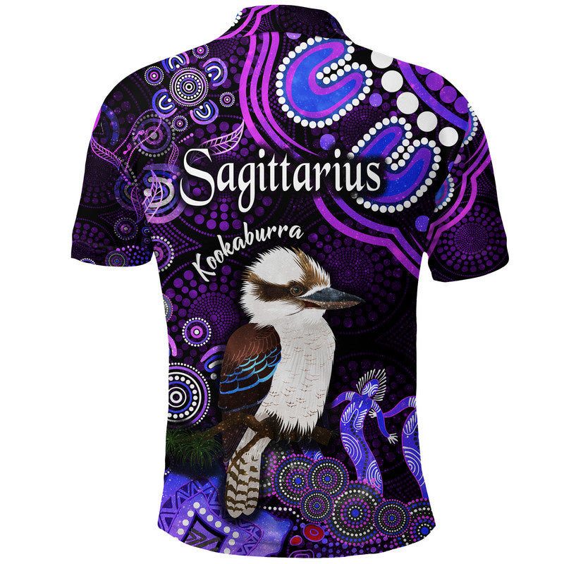 australian-astrology-polo-shirt-sagittarius-kookaburra-zodiac-aboriginal-vibes-purple
