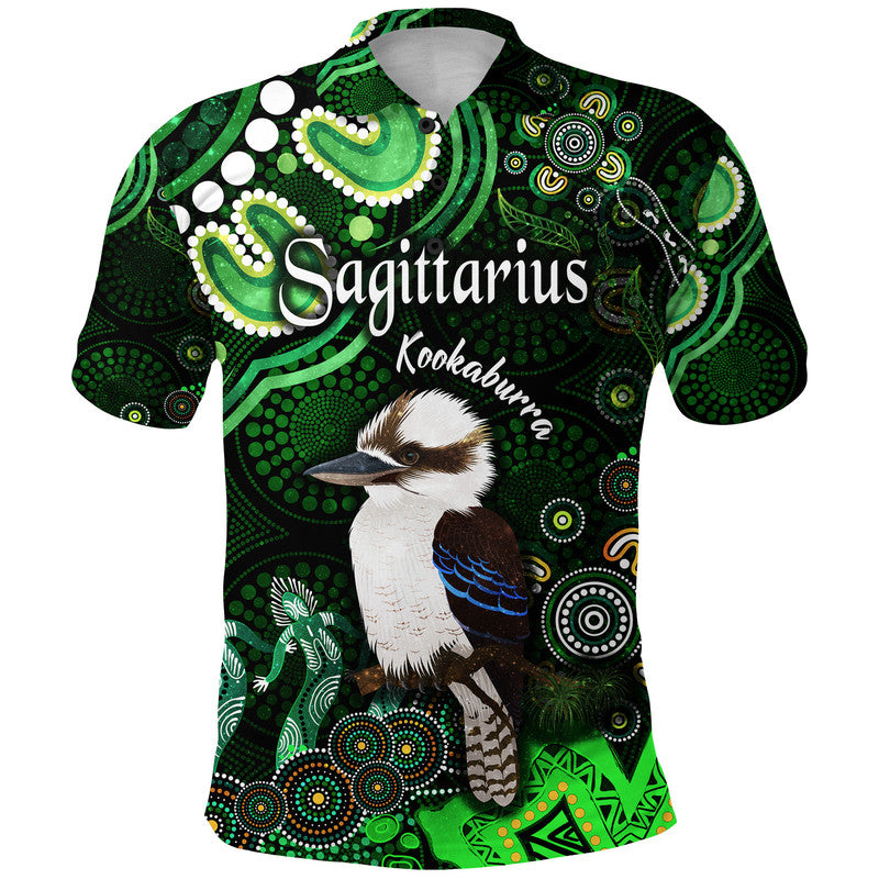 australian-astrology-polo-shirt-sagittarius-kookaburra-zodiac-aboriginal-vibes-green