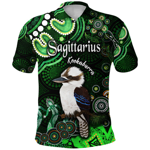 australian-astrology-polo-shirt-sagittarius-kookaburra-zodiac-aboriginal-vibes-green