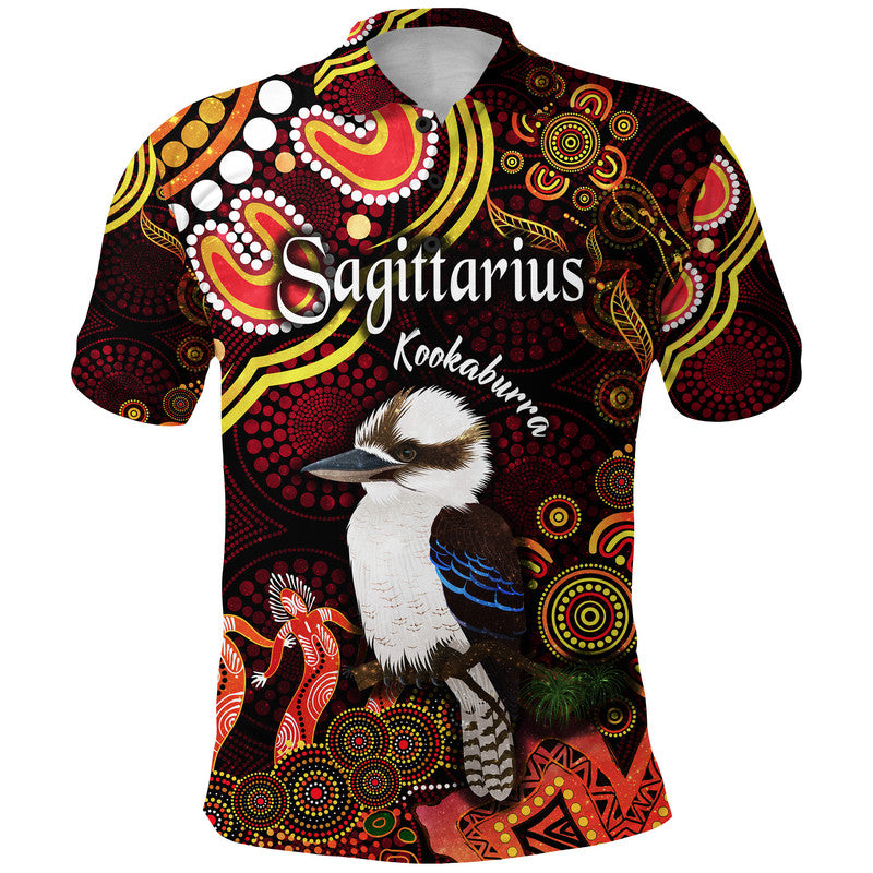 australian-astrology-polo-shirt-sagittarius-kookaburra-zodiac-aboriginal-vibes-red
