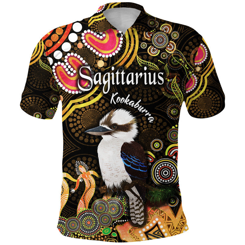 australian-astrology-polo-shirt-sagittarius-kookaburra-zodiac-aboriginal-vibes-gold
