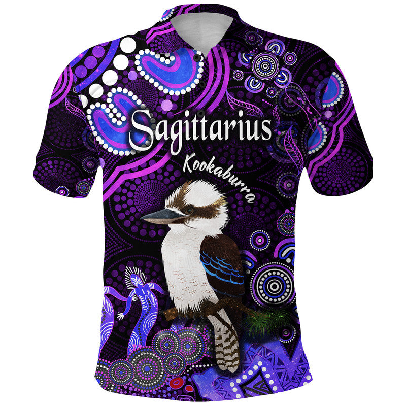 custom-personalised-australian-astrology-polo-shirt-sagittarius-kookaburra-zodiac-aboriginal-vibes-purple