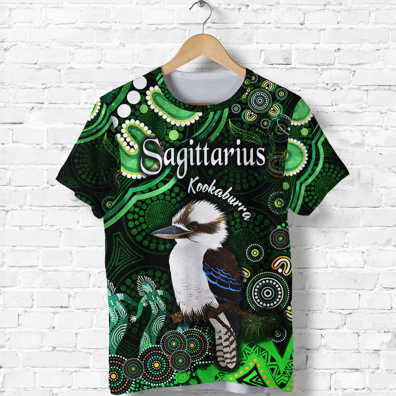 custom-personalised-australian-astrology-t-shirt-sagittarius-kookaburra-zodiac-aboriginal-vibes-green