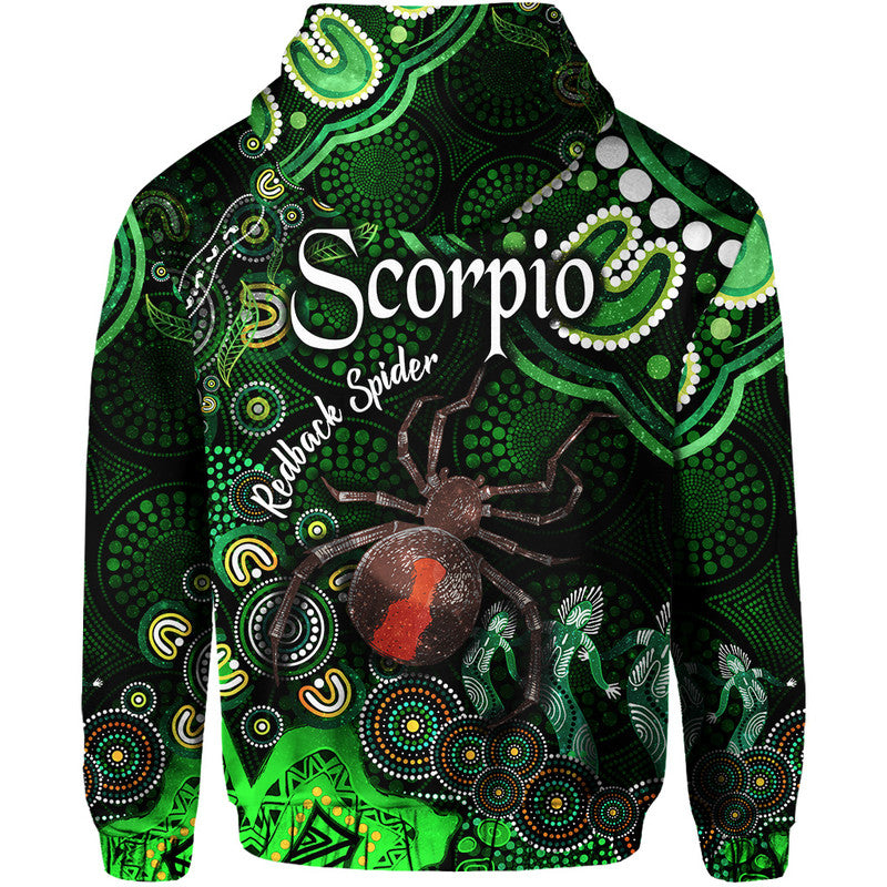 australian-astrology-zip-up-and-pullover-hoodie-scorpio-redback-spider-zodiac-aboriginal-vibes-green
