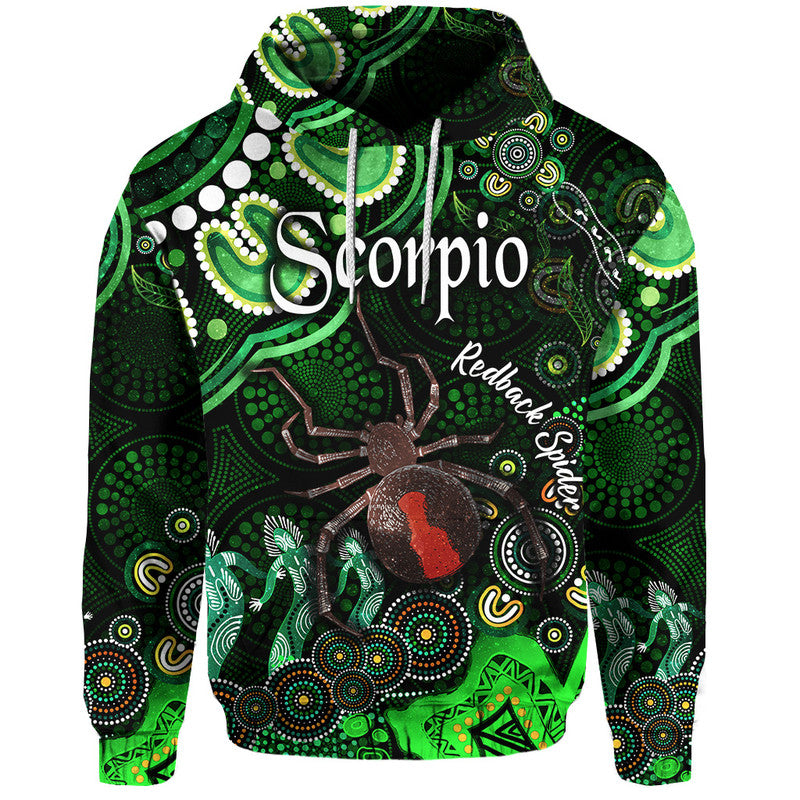 australian-astrology-zip-up-and-pullover-hoodie-scorpio-redback-spider-zodiac-aboriginal-vibes-green