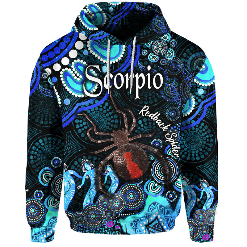 australian-astrology-zip-up-and-pullover-hoodie-scorpio-redback-spider-zodiac-aboriginal-vibes-blue