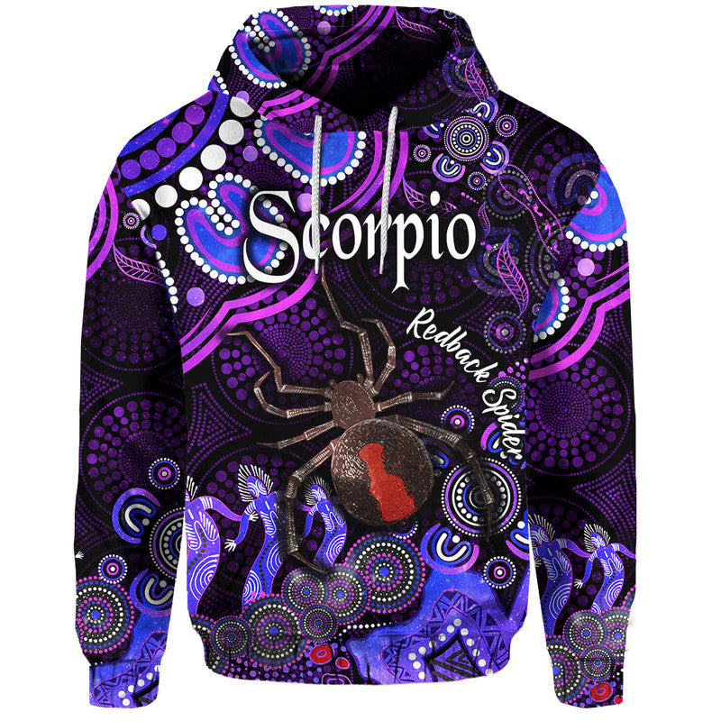 australian-astrology-zip-up-and-pullover-hoodie-scorpio-redback-spider-zodiac-aboriginal-vibes-purple