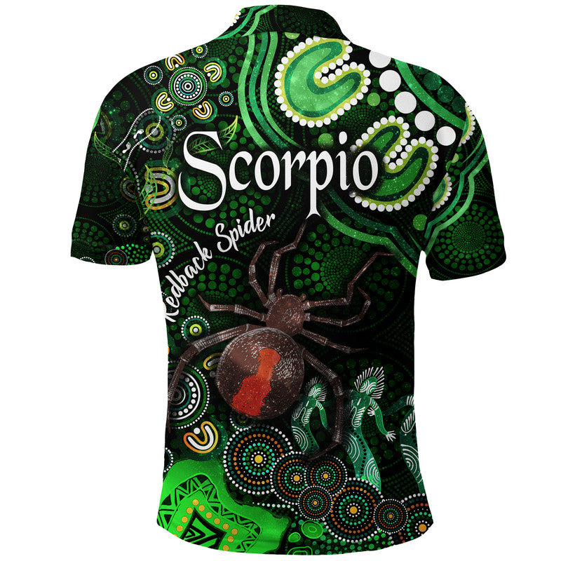 australian-astrology-polo-shirt-scorpio-redback-spider-zodiac-aboriginal-vibes-green