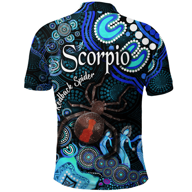 australian-astrology-polo-shirt-scorpio-redback-spider-zodiac-aboriginal-vibes-blue