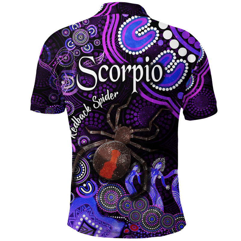 australian-astrology-polo-shirt-scorpio-redback-spider-zodiac-aboriginal-vibes-purple