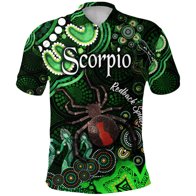 australian-astrology-polo-shirt-scorpio-redback-spider-zodiac-aboriginal-vibes-green