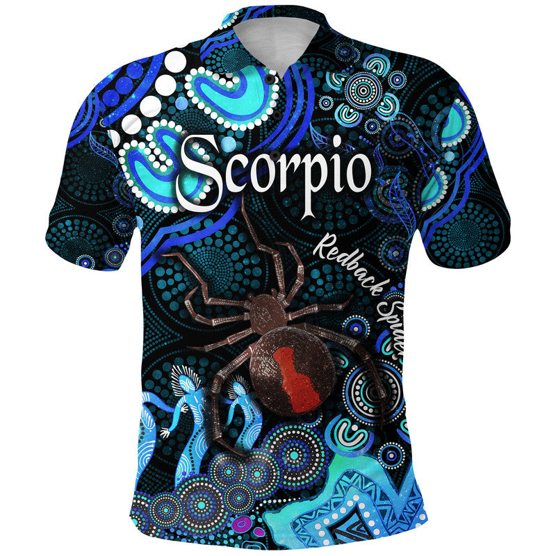 australian-astrology-polo-shirt-scorpio-redback-spider-zodiac-aboriginal-vibes-blue