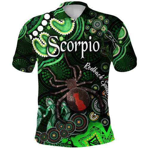 custom-personalised-australian-astrology-polo-shirt-scorpio-redback-spider-zodiac-aboriginal-vibes-green