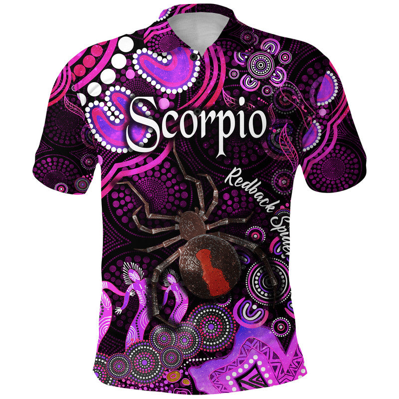 australian-astrology-polo-shirt-scorpio-redback-spider-zodiac-aboriginal-vibes-pink