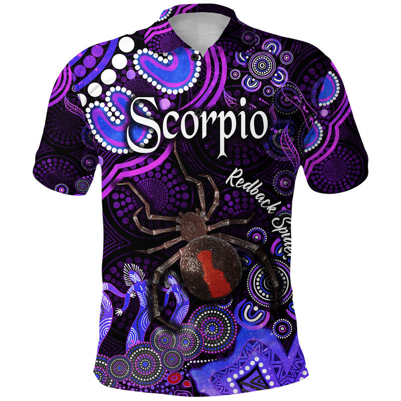 australian-astrology-polo-shirt-scorpio-redback-spider-zodiac-aboriginal-vibes-purple