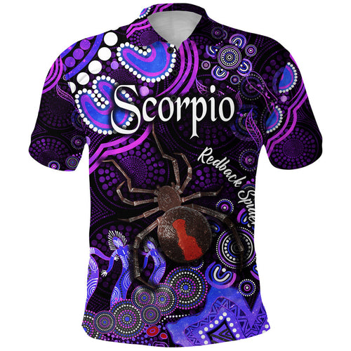 australian-astrology-polo-shirt-scorpio-redback-spider-zodiac-aboriginal-vibes-purple