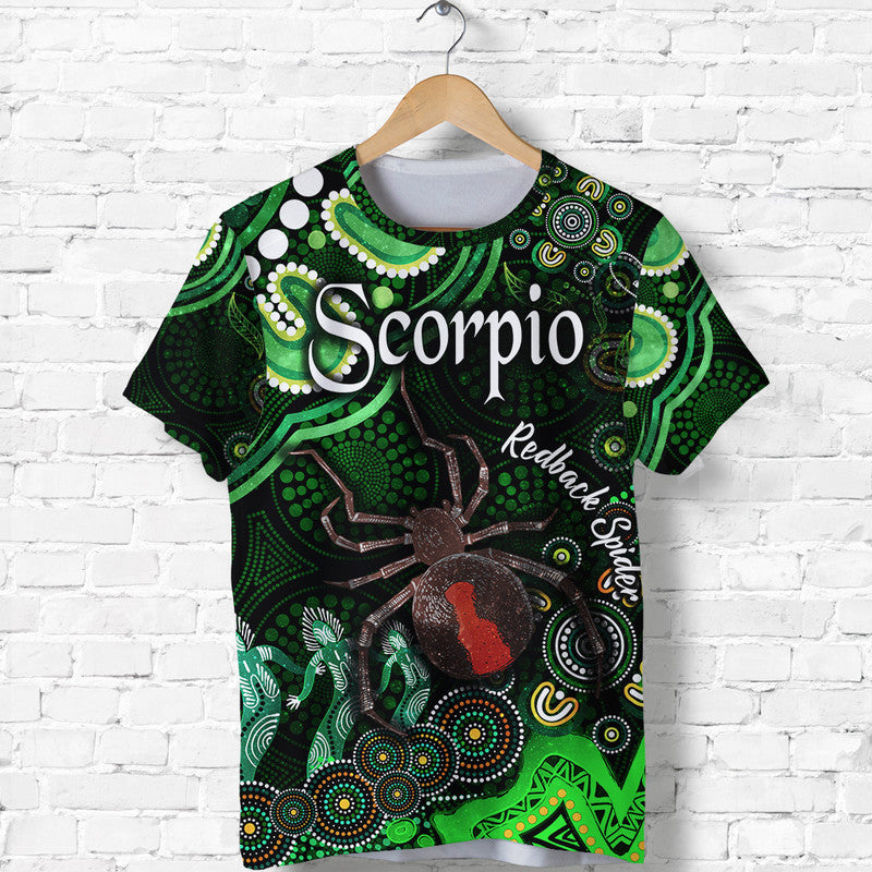 custom-personalised-australian-astrology-t-shirt-scorpio-redback-spider-zodiac-aboriginal-vibes-green