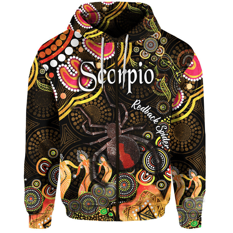 australian-astrology-zip-up-and-pullover-hoodie-scorpio-redback-spider-zodiac-aboriginal-vibes-gold