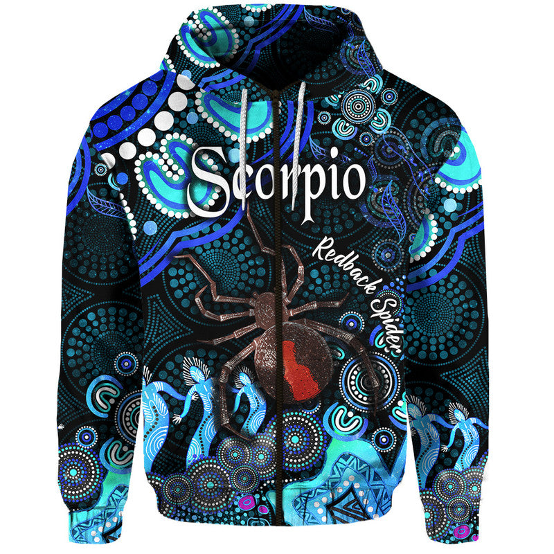 australian-astrology-zip-up-and-pullover-hoodie-scorpio-redback-spider-zodiac-aboriginal-vibes-blue