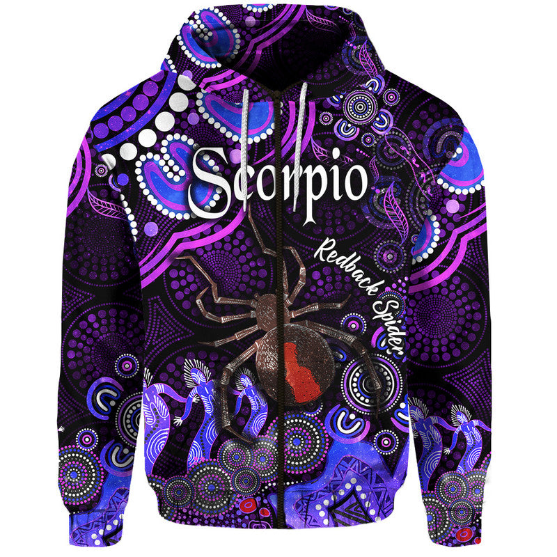 australian-astrology-zip-up-and-pullover-hoodie-scorpio-redback-spider-zodiac-aboriginal-vibes-purple
