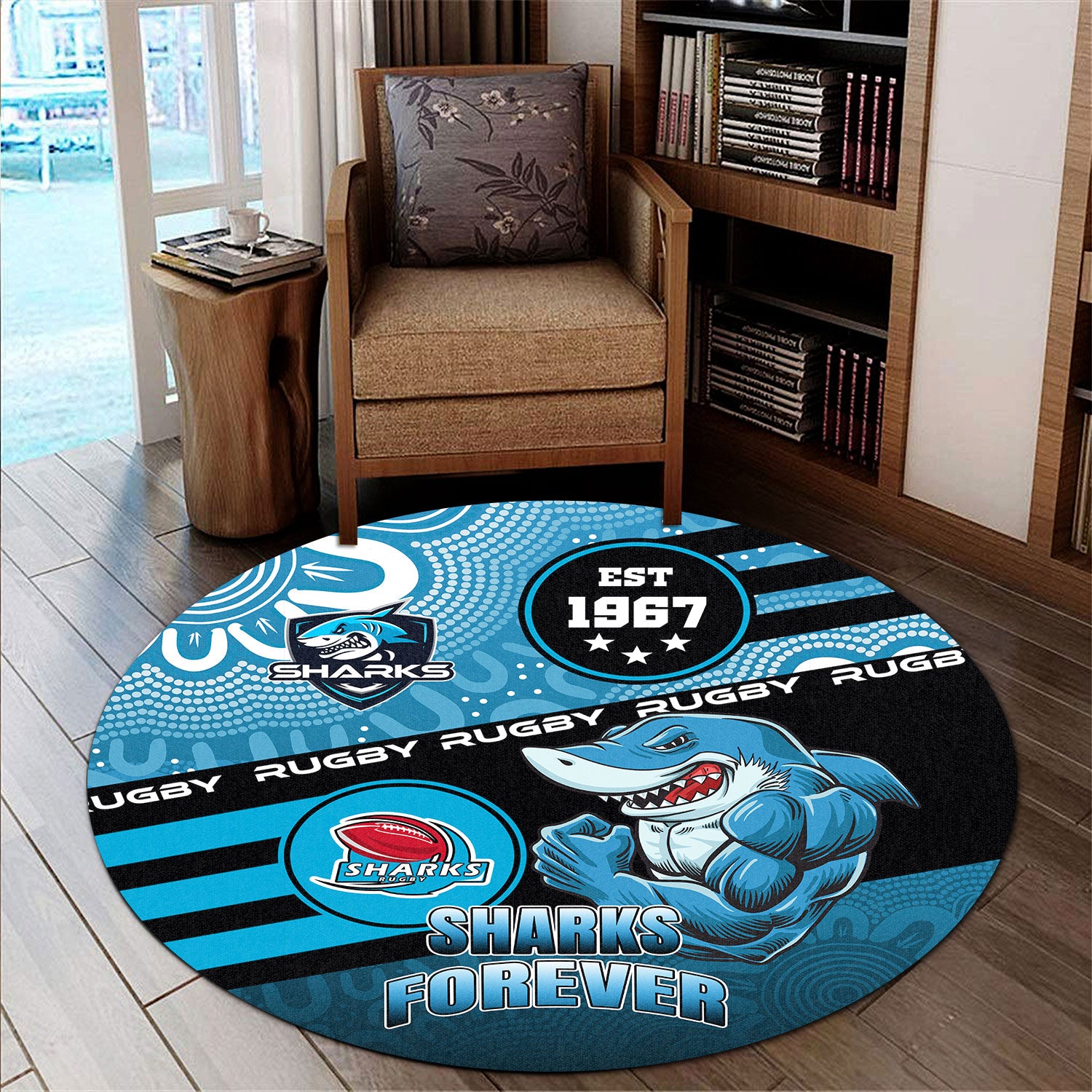 sharks-rugby-round-rug-custom-rugby-ball-go-sharks-aboriginal-patterns-round-rug