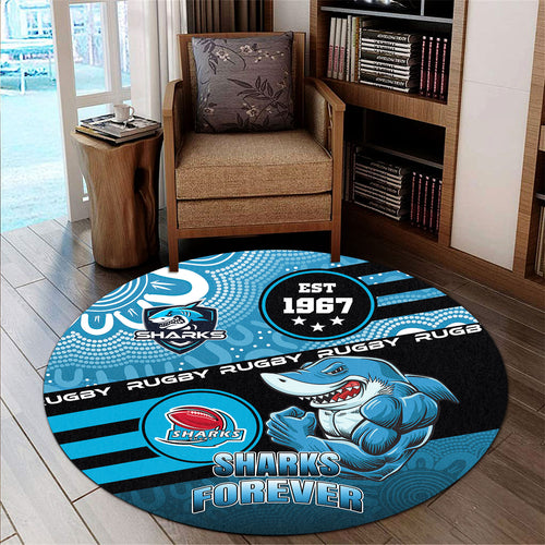 sharks-rugby-round-rug-custom-rugby-ball-go-sharks-aboriginal-patterns-round-rug