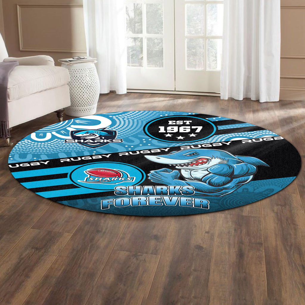 sharks-rugby-round-rug-custom-rugby-ball-go-sharks-aboriginal-patterns-round-rug