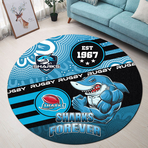 sharks-rugby-round-rug-custom-rugby-ball-go-sharks-aboriginal-patterns-round-rug