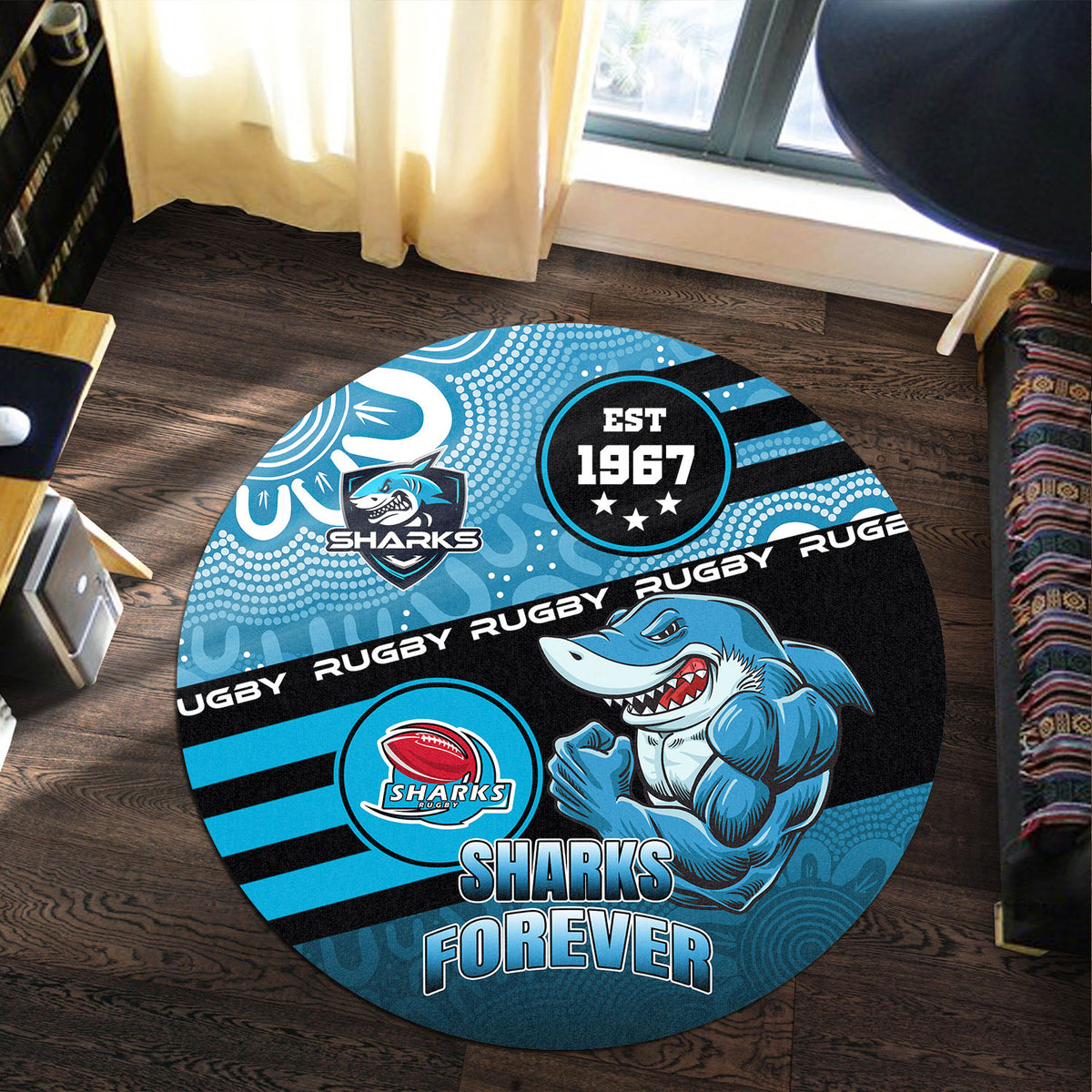 sharks-rugby-round-rug-custom-rugby-ball-go-sharks-aboriginal-patterns-round-rug