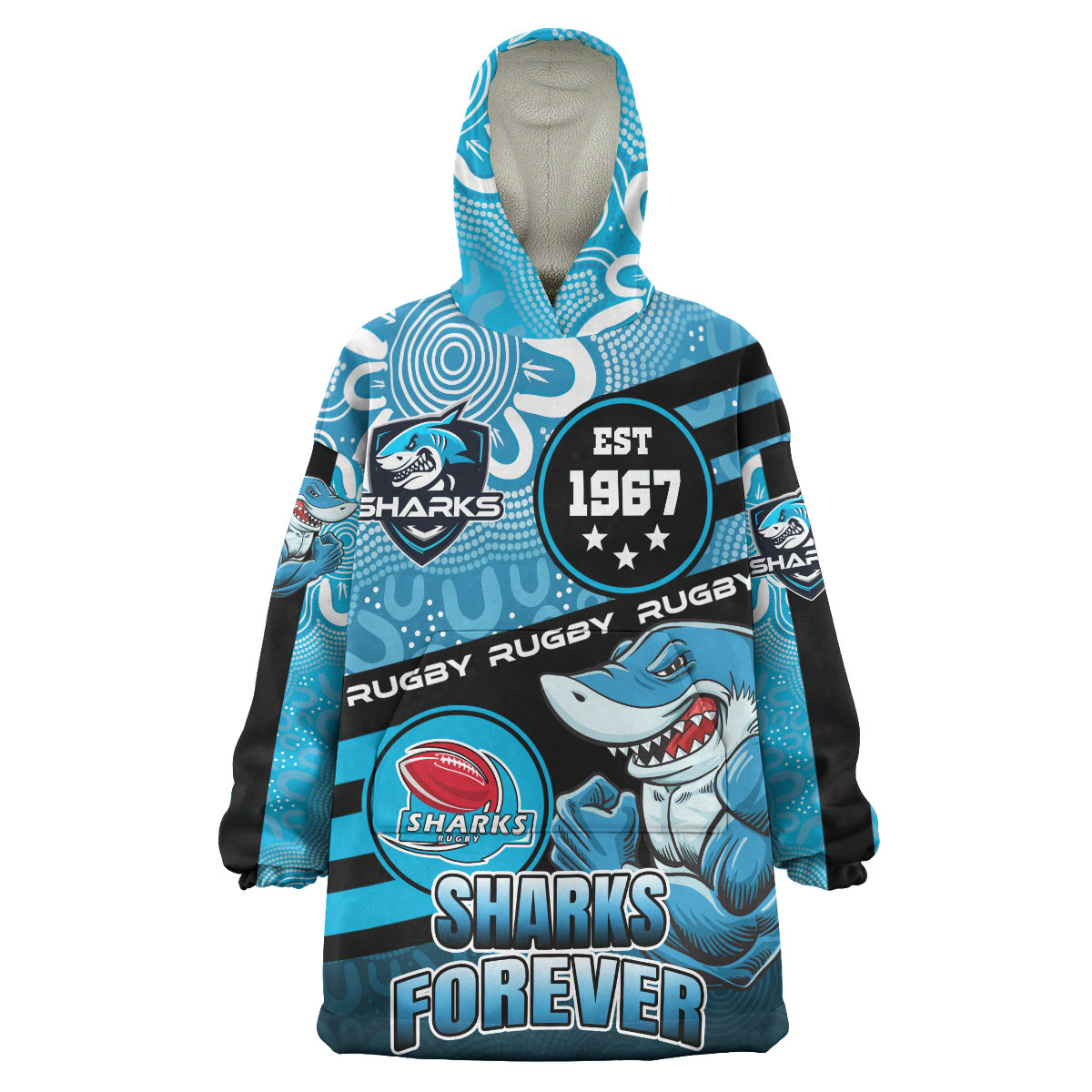 sharks-rugby-snug-hoodie-custom-rugby-ball-go-sharks-aboriginal-patterns-oodie-blanket