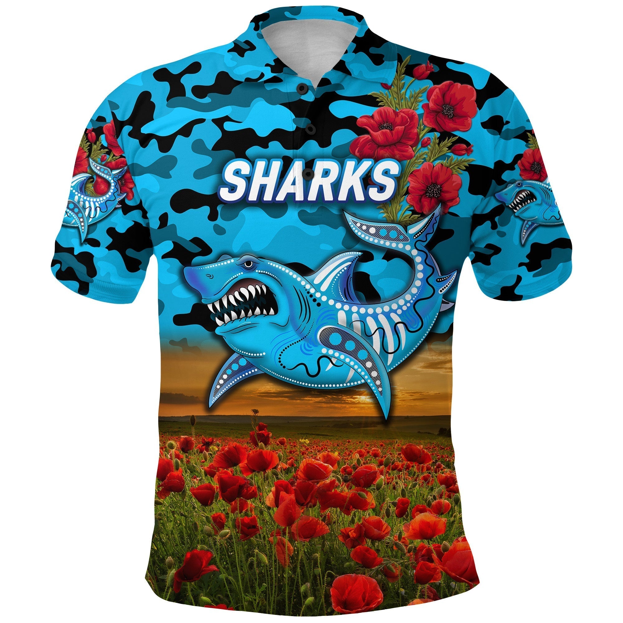 custom-personalised-sharks-anzac-polo-shirt-poppy-flowers-vibes