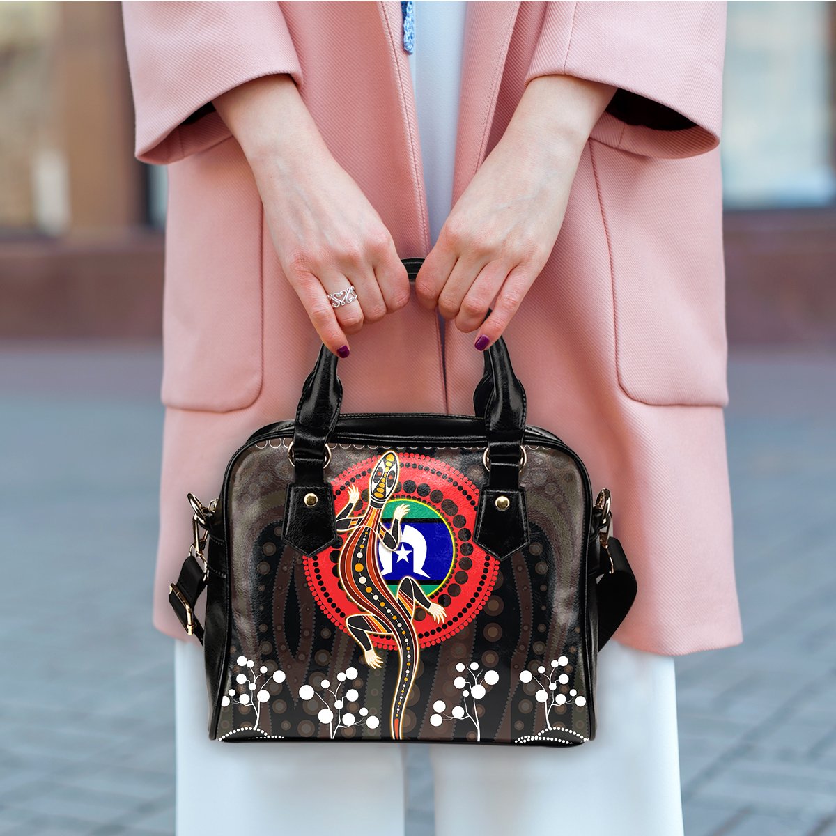 Shoulder Handbag - Aboriginal Lizard with Torres Strait Islanders Flag - Vibe Hoodie