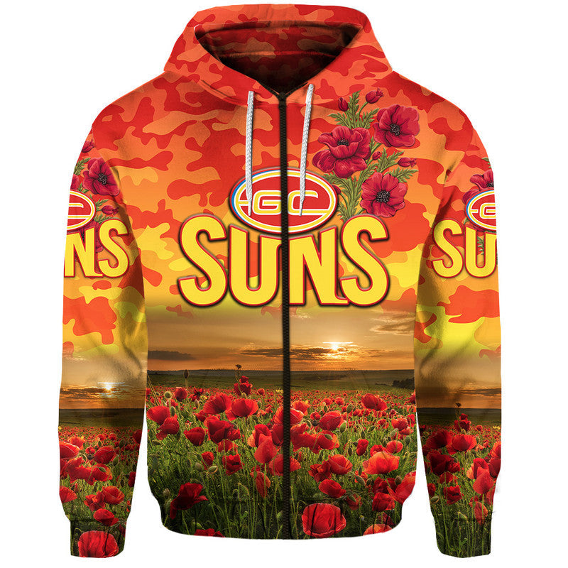 (Custom Personalised) Gold Coast Suns ANZAC Zip Up And Pullover Hoodie Poppy Vibes LT8