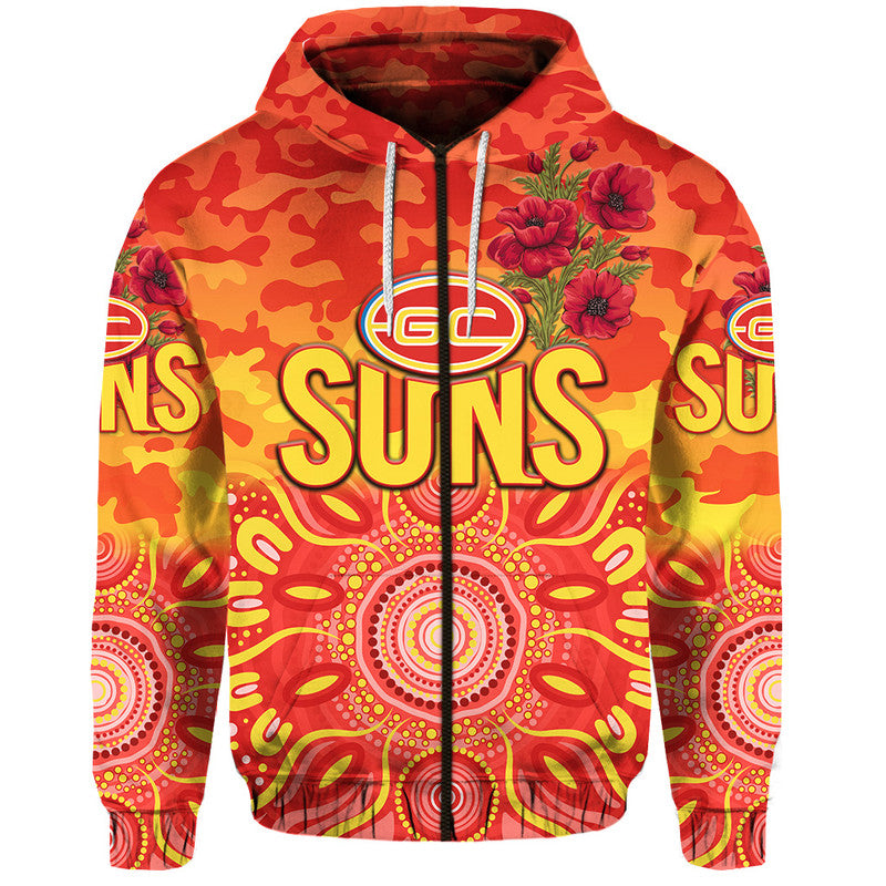 (Custom Personalised) Gold Coast Suns ANZAC Zip Up And Pullover Hoodie Indigenous Vibes LT8
