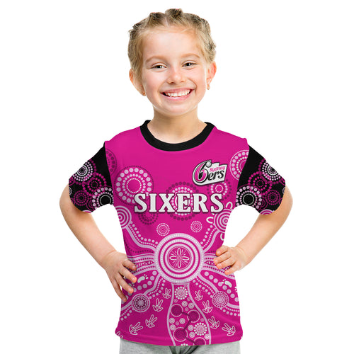 (Custom Text And Number) Sydney Sixers T Shirt KID Cricket Indigenous Australian Art Ver.01 LT14