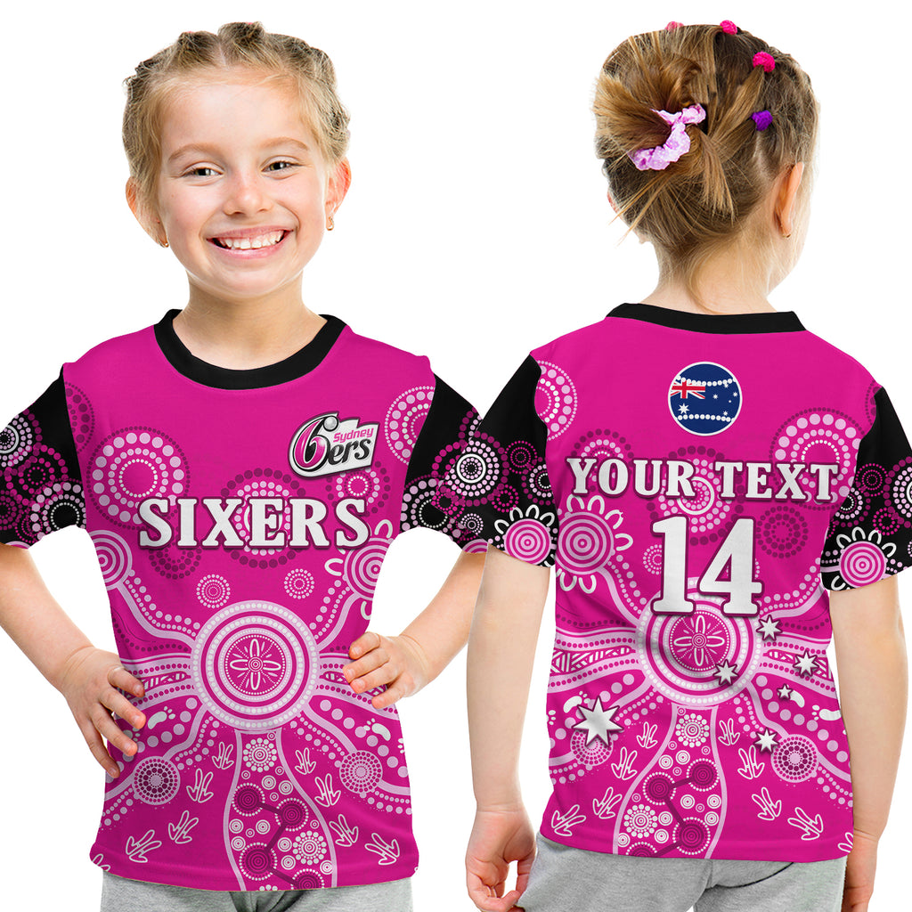 (Custom Text And Number) Sydney Sixers T Shirt KID Cricket Indigenous Australian Art Ver.01 LT14