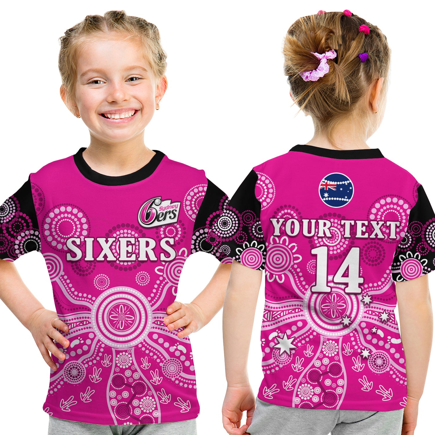 (Custom Text And Number) Sydney Sixers T Shirt KID Cricket Indigenous Australian Art Ver.01 LT14